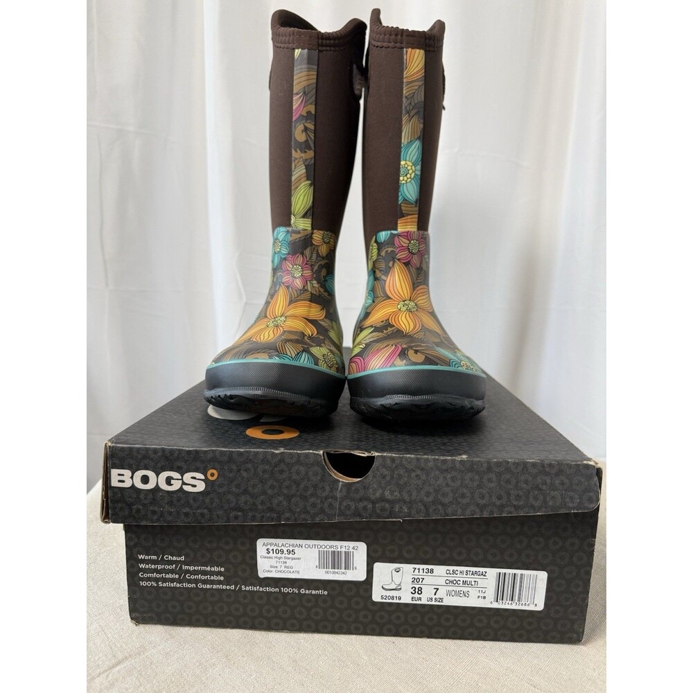 BOGS Classic High Stargazer Waterproof Boots Women Size 7 Chocolate Multi Floral